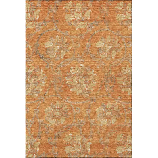 Orange Gray And Beige Floral Washable Area Rug With UV Protection Photo 4