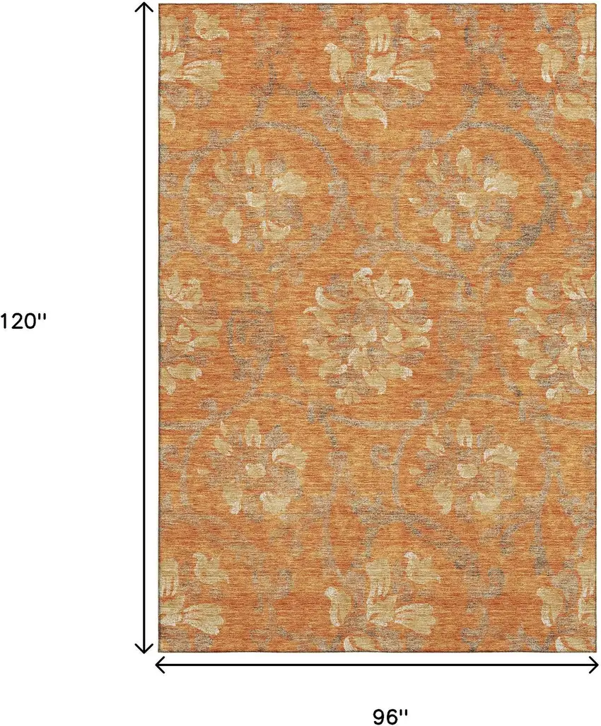 Orange Gray And Beige Floral Washable Area Rug With UV Protection Photo 3
