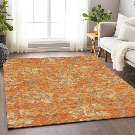 Orange Gray And Beige Floral Washable Area Rug With UV Protection Photo 5