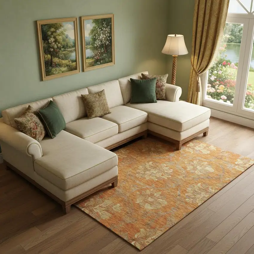 Orange Gray And Beige Floral Washable Area Rug With UV Protection Photo 1