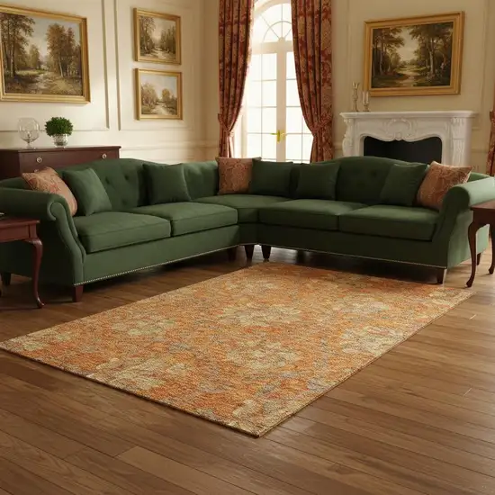 Orange Gray And Beige Floral Washable Area Rug With UV Protection Photo 2