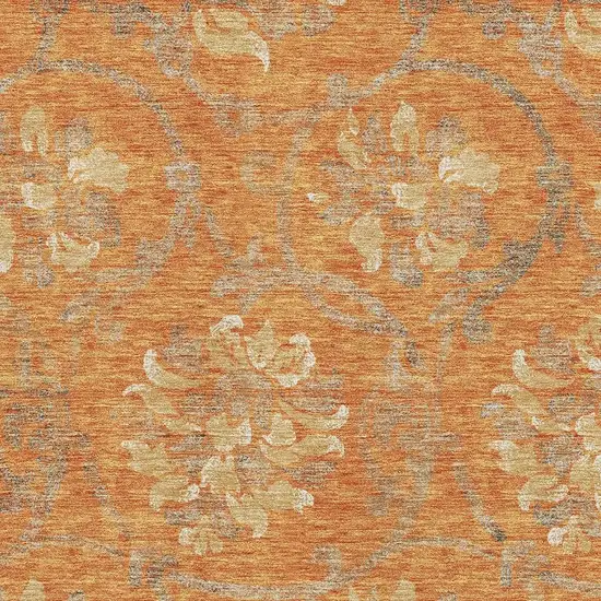 Orange Gray And Beige Floral Washable Area Rug With UV Protection Photo 3
