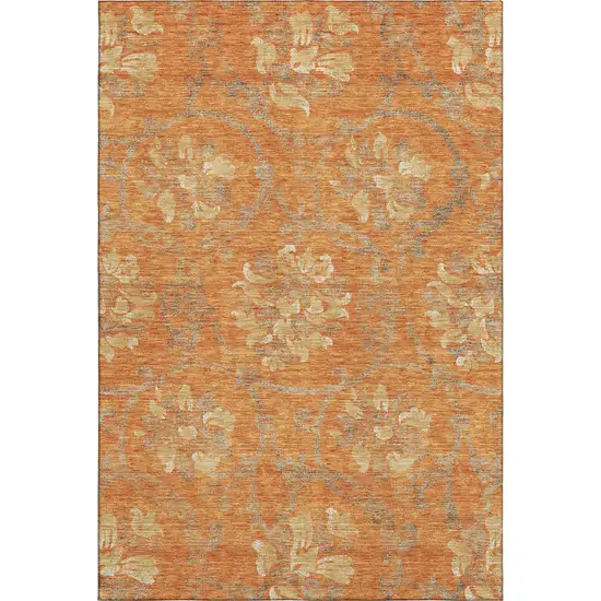 Orange Gray And Beige Floral Washable Area Rug With UV Protection Photo 1