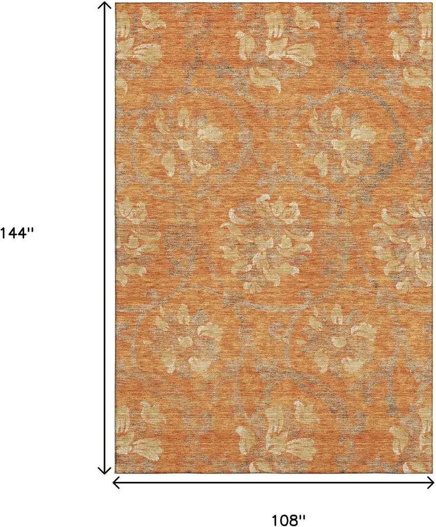 Orange Gray And Beige Floral Washable Area Rug With UV Protection Photo 3