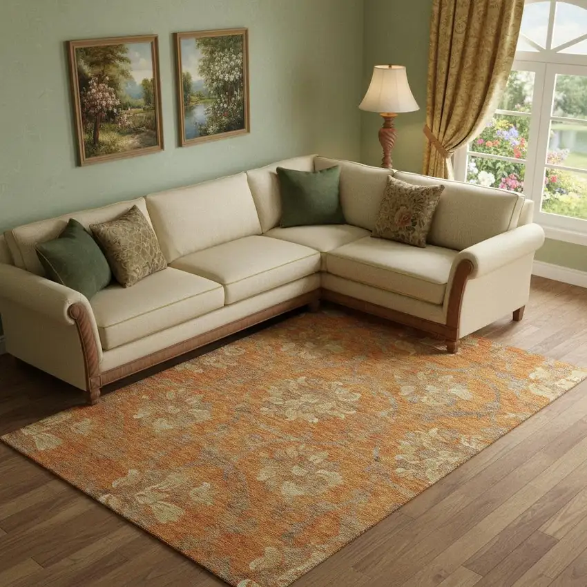 Orange Gray And Beige Floral Washable Area Rug With UV Protection Photo 1