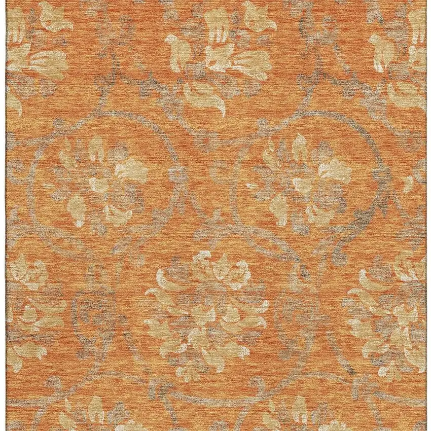 Orange Gray And Beige Floral Washable Area Rug With UV Protection Photo 4