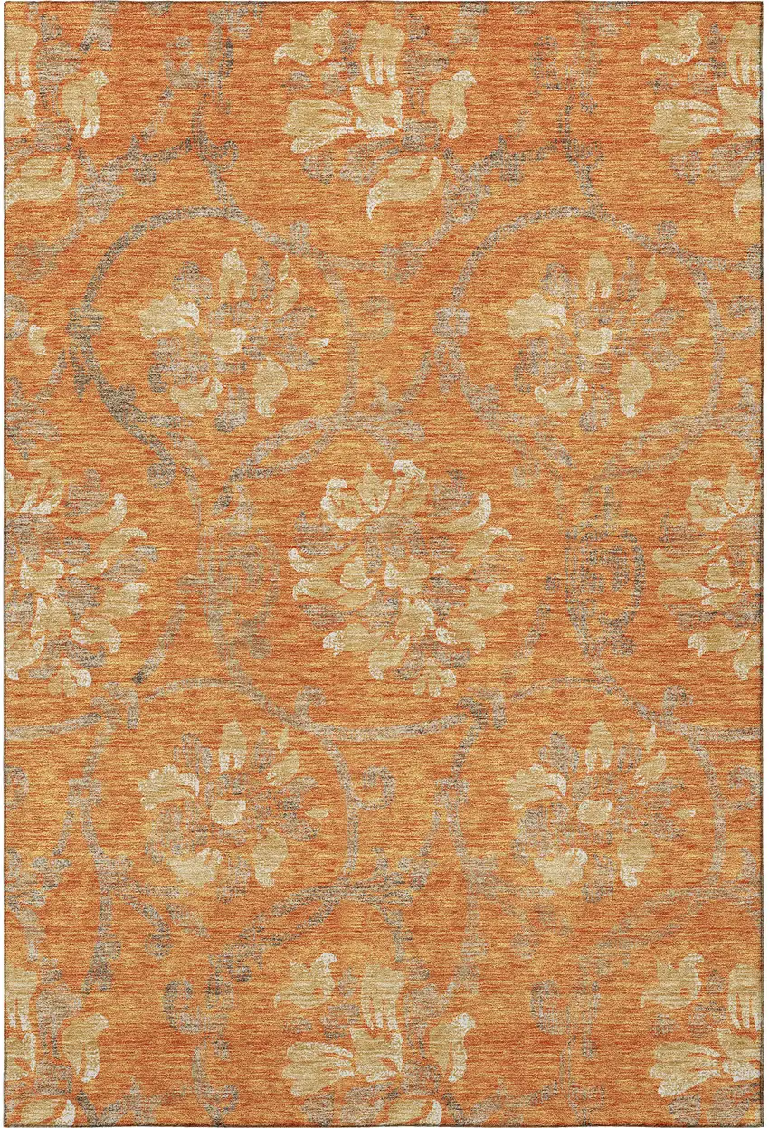 Orange Gray And Beige Floral Washable Area Rug With UV Protection Photo 4