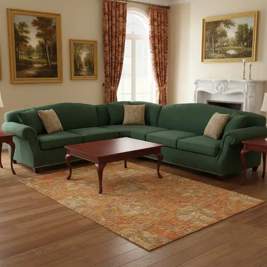 Orange Gray And Beige Floral Washable Area Rug With UV Protection Photo 2