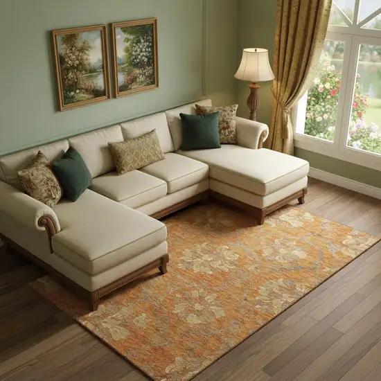 Orange Gray And Beige Floral Washable Area Rug With UV Protection Photo 1