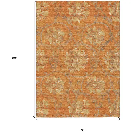 Orange Gray And Beige Floral Washable Indoor Outdoor Area Rug Photo 7