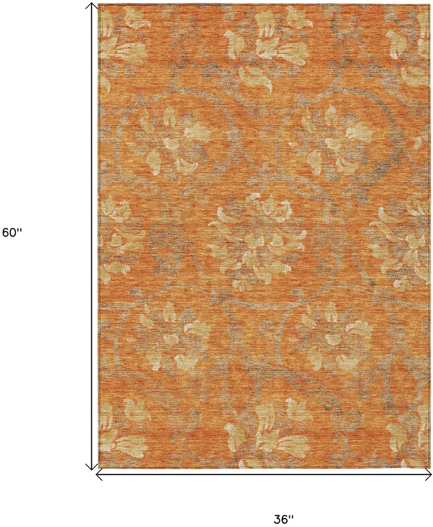 Orange Gray And Beige Floral Washable Indoor Outdoor Area Rug Photo 7