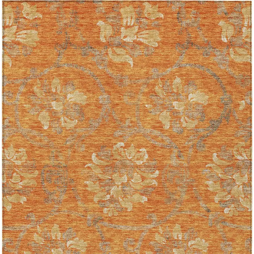Orange Gray And Beige Floral Washable Indoor Outdoor Area Rug Photo 5