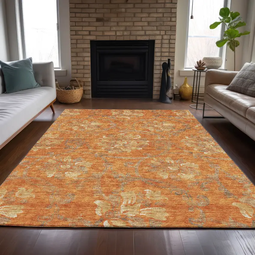Orange Gray And Beige Floral Washable Indoor Outdoor Area Rug Photo 8