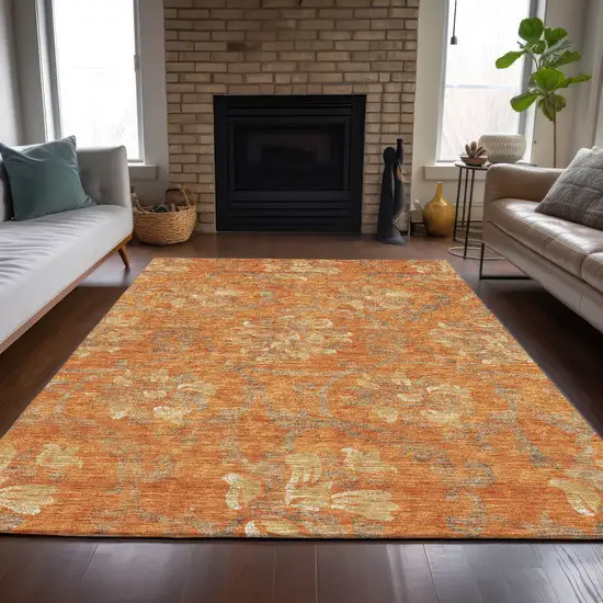 Orange Gray And Beige Floral Washable Indoor Outdoor Area Rug Photo 8