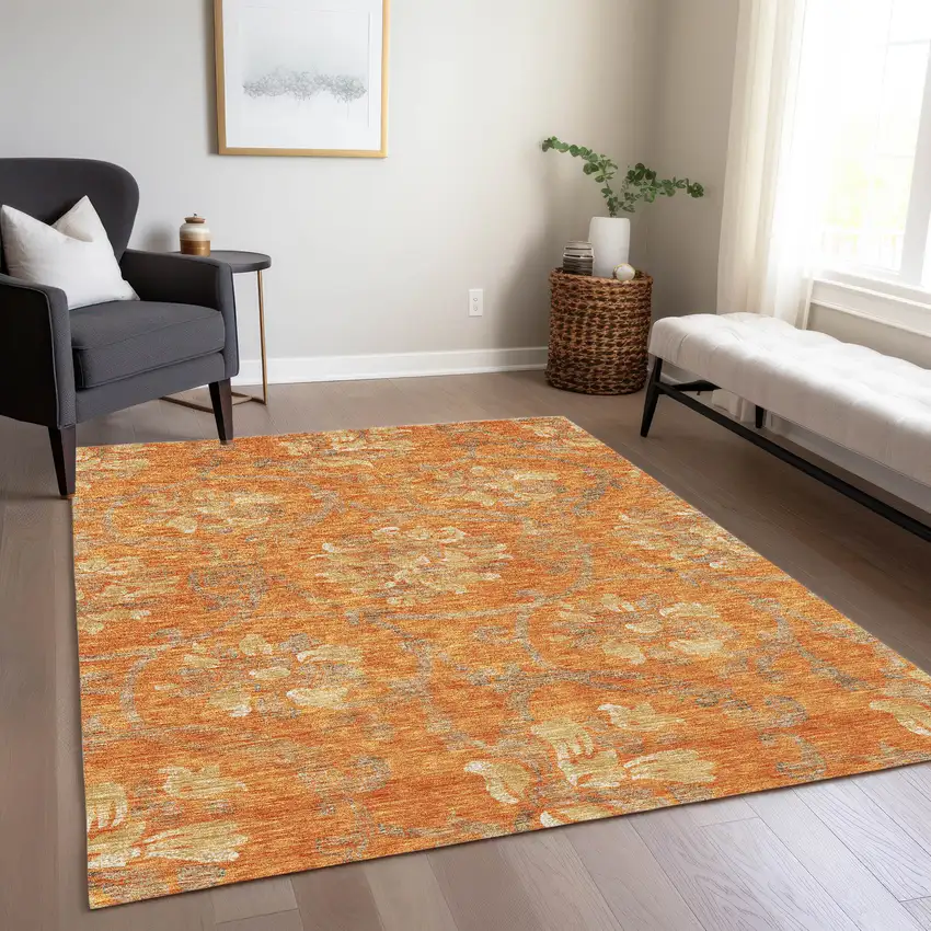Orange Gray And Beige Floral Washable Indoor Outdoor Area Rug Photo 9