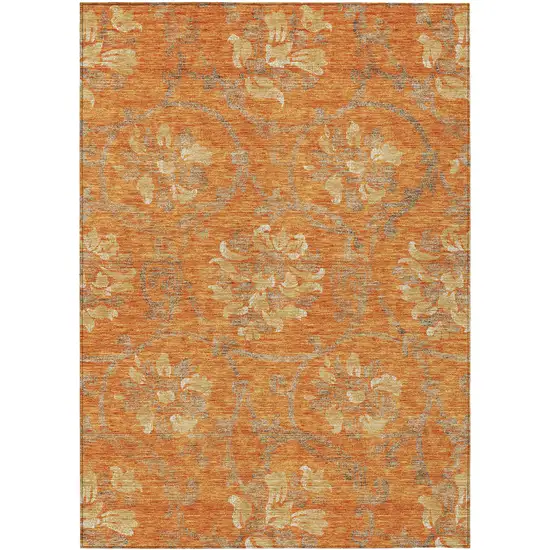 Orange Gray And Beige Floral Washable Indoor Outdoor Area Rug Photo 2