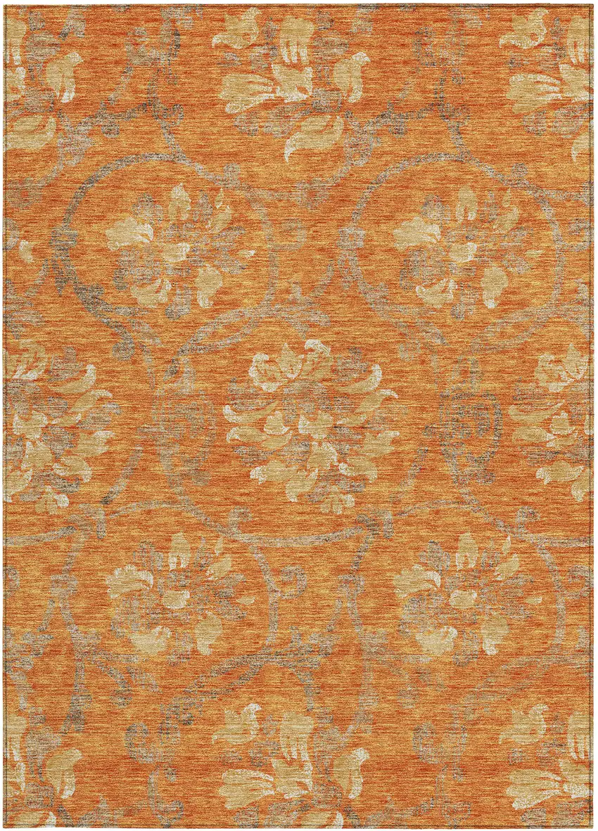 Orange Gray And Beige Floral Washable Indoor Outdoor Area Rug Photo 6
