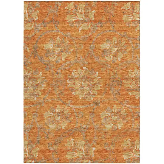 Orange Gray And Beige Floral Washable Indoor Outdoor Area Rug Photo 6