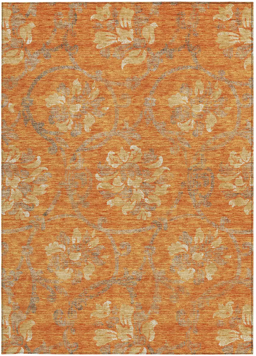 Orange Gray And Beige Floral Washable Indoor Outdoor Area Rug Photo 6