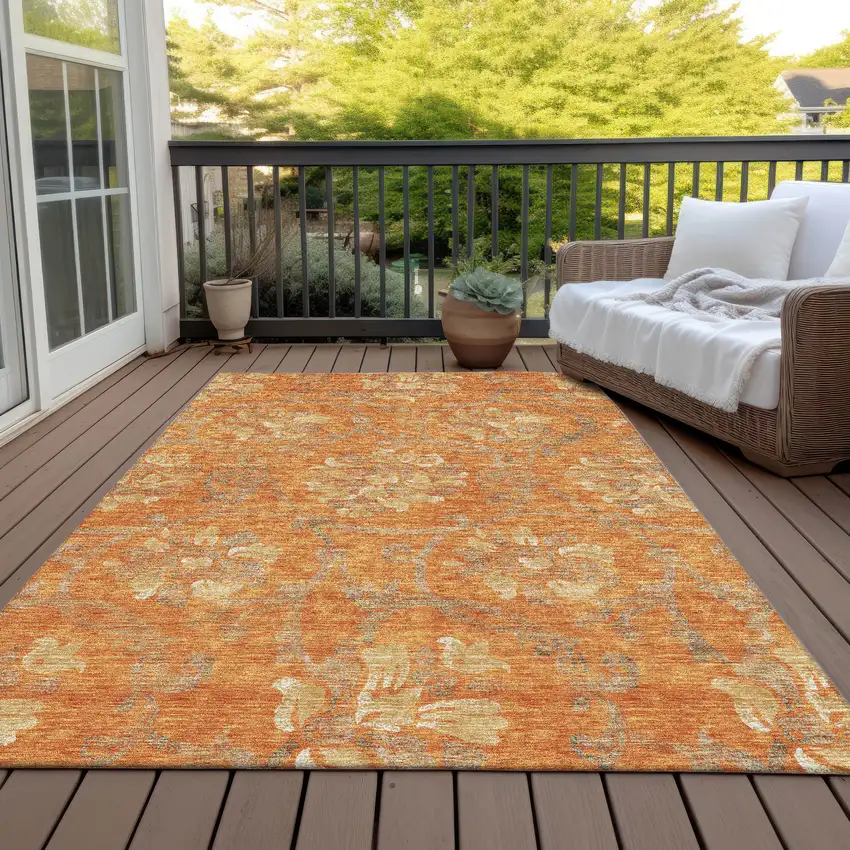 Orange Gray And Beige Floral Washable Indoor Outdoor Area Rug Photo 7