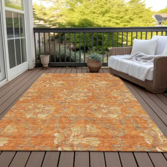 Orange Gray And Beige Floral Washable Indoor Outdoor Area Rug Photo 7