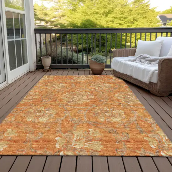 Orange Gray And Beige Floral Washable Indoor Outdoor Area Rug Photo 6