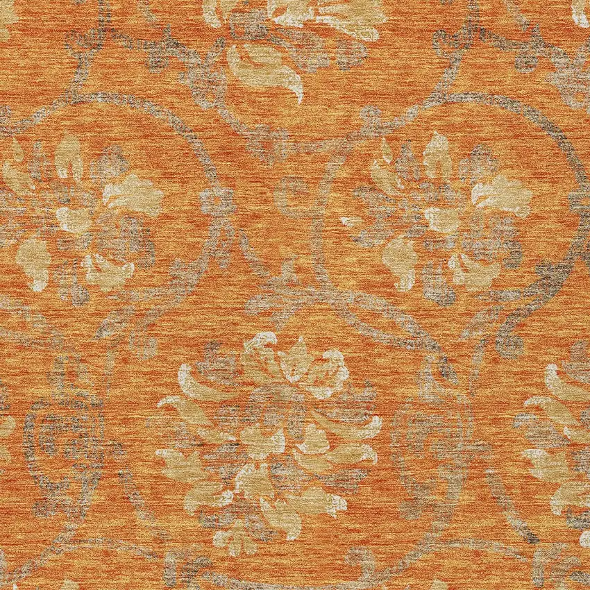 Orange Gray And Beige Floral Washable Indoor Outdoor Area Rug Photo 4