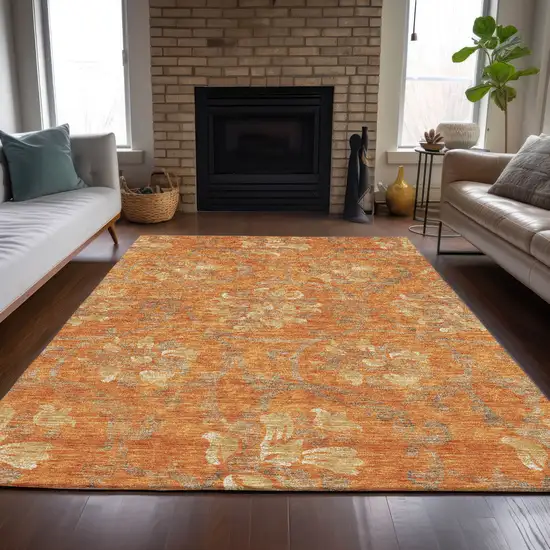 Orange Gray And Beige Floral Washable Indoor Outdoor Area Rug Photo 7