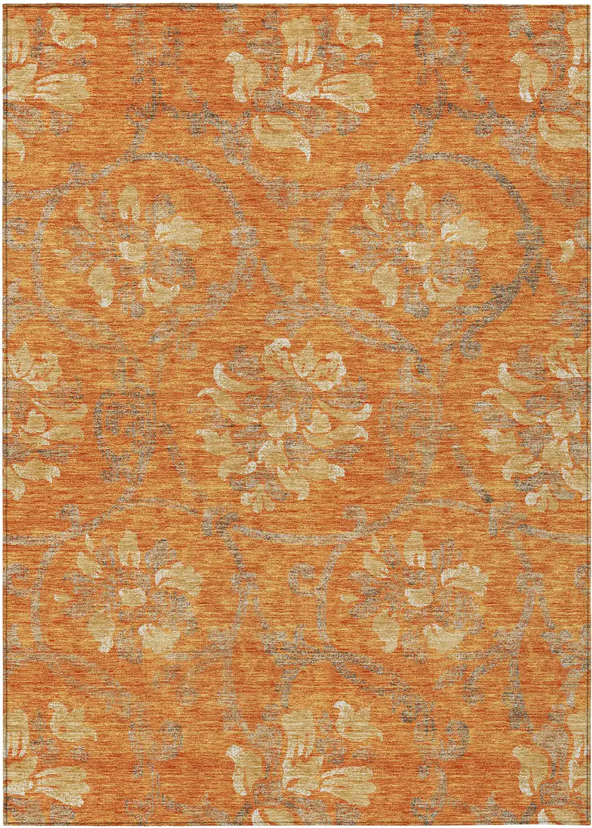 Orange Gray And Beige Floral Washable Indoor Outdoor Area Rug Photo 1