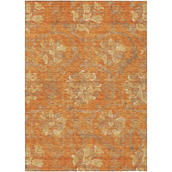 Orange Gray And Beige Floral Washable Indoor Outdoor Area Rug Photo 1