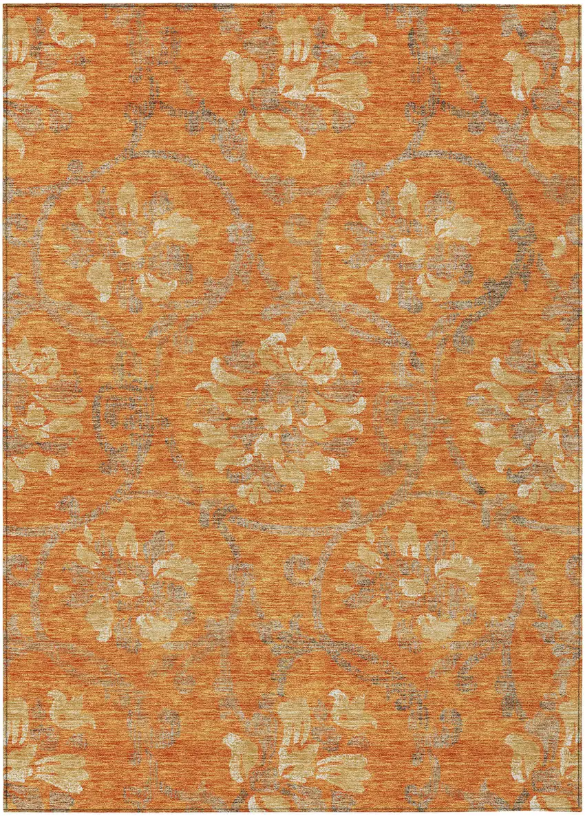 Orange Gray And Beige Floral Washable Indoor Outdoor Area Rug Photo 1