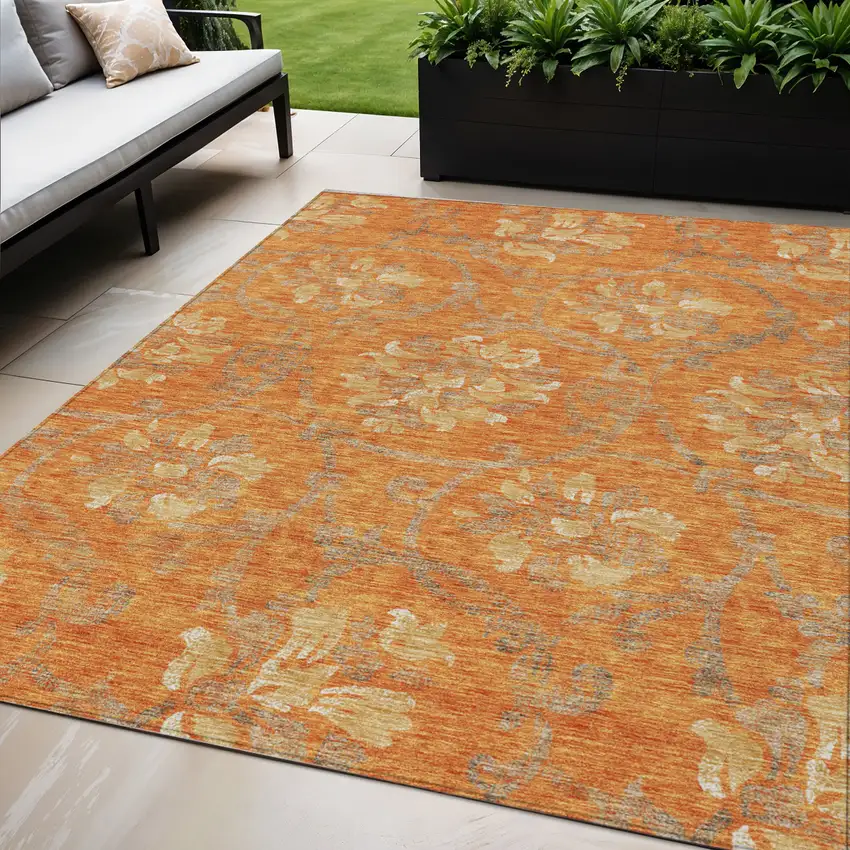 Orange Gray And Beige Floral Washable Indoor Outdoor Area Rug Photo 1