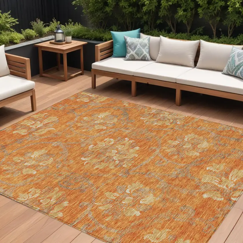 Orange Gray And Beige Floral Washable Indoor Outdoor Area Rug Photo 1