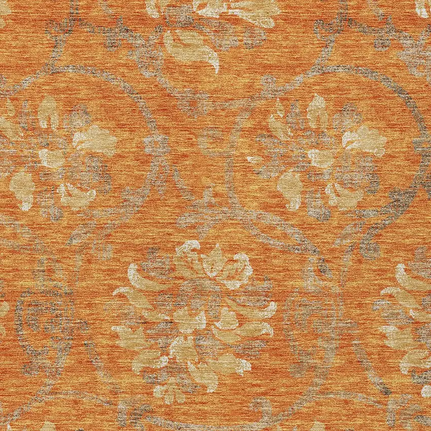 Orange Gray And Beige Floral Washable Indoor Outdoor Area Rug Photo 4