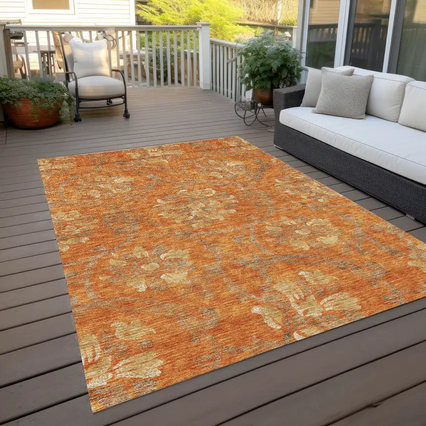 Orange Gray And Beige Floral Washable Indoor Outdoor Area Rug Photo 9