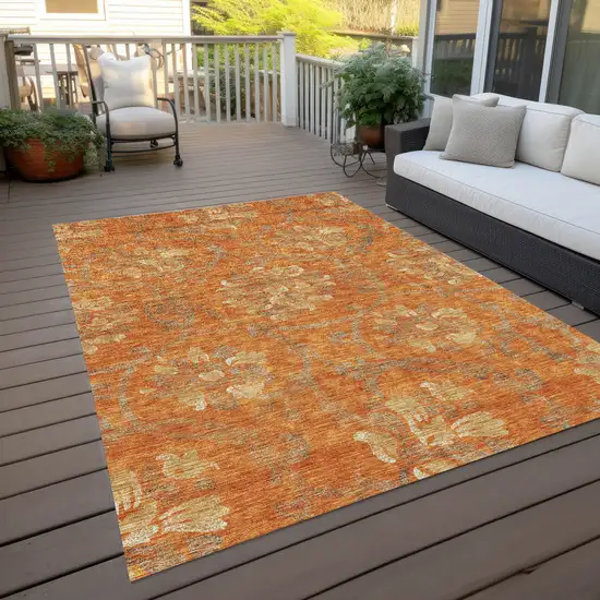 Orange Gray And Beige Floral Washable Indoor Outdoor Area Rug Photo 9