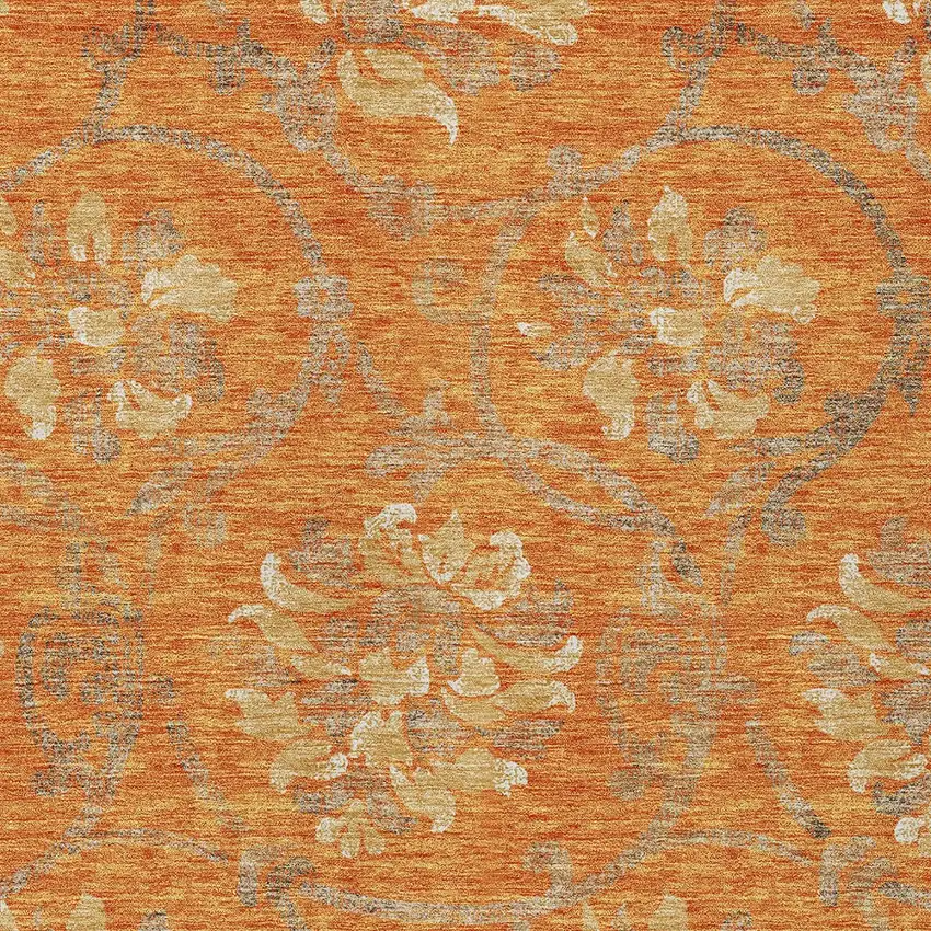 Orange Gray And Beige Floral Washable Indoor Outdoor Area Rug Photo 4