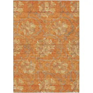 Photo of Orange Gray And Beige Floral Washable Indoor Outdoor Area Rug