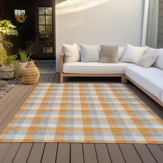 Orange Gray And Beige Plaid Washable Indoor Outdoor Area Rug Photo 9