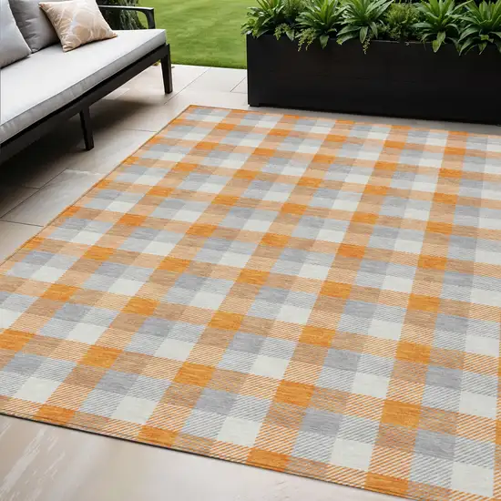Orange Gray And Beige Plaid Washable Indoor Outdoor Area Rug Photo 1