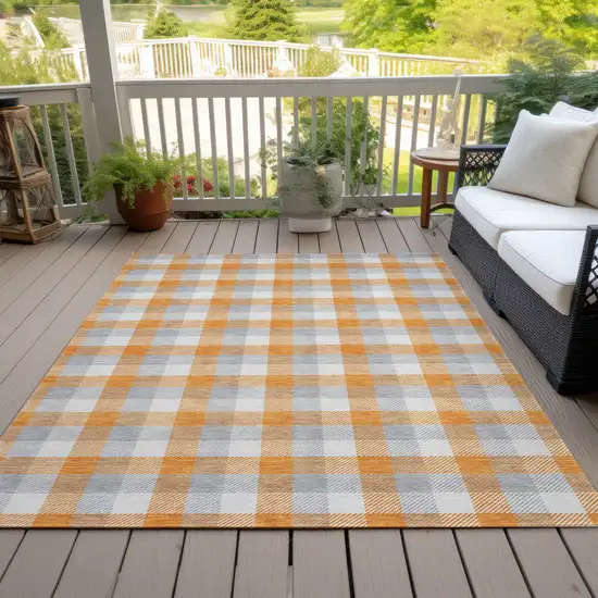 Orange Gray And Beige Plaid Washable Indoor Outdoor Area Rug Photo 7