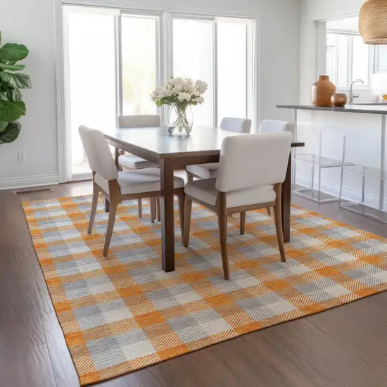 Orange Gray And Beige Plaid Washable Indoor Outdoor Area Rug Photo 9