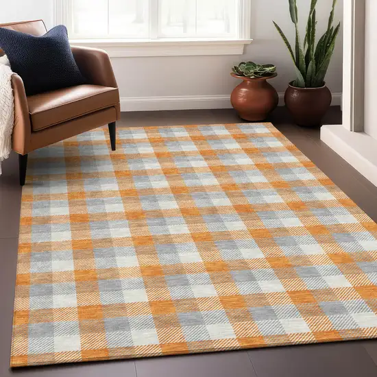 Orange Gray And Beige Plaid Washable Indoor Outdoor Area Rug Photo 8