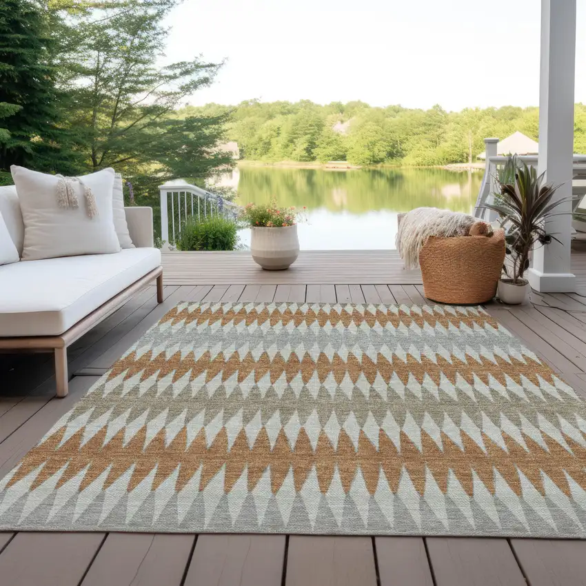 Orange Gray And Beige Striped Washable Indoor Outdoor Area Rug Photo 9
