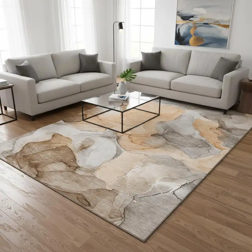 Orange Gray And Ivory Abstract Washable Area Rug With UV Protection Photo 2