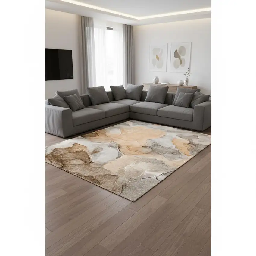 Orange Gray And Ivory Abstract Washable Area Rug With UV Protection Photo 3