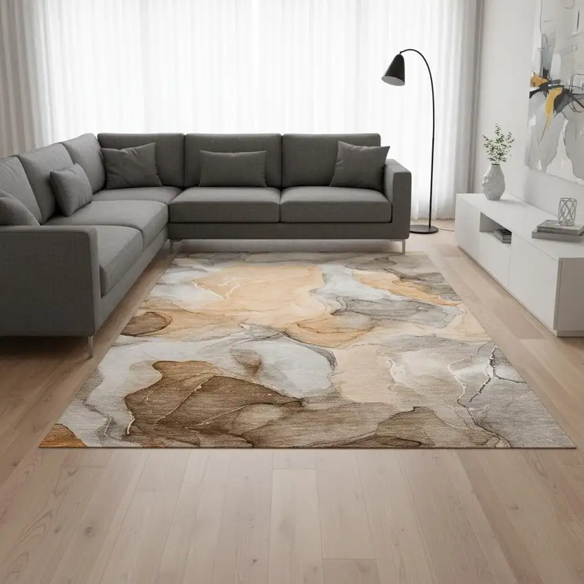 Orange Gray And Ivory Abstract Washable Area Rug With UV Protection Photo 1