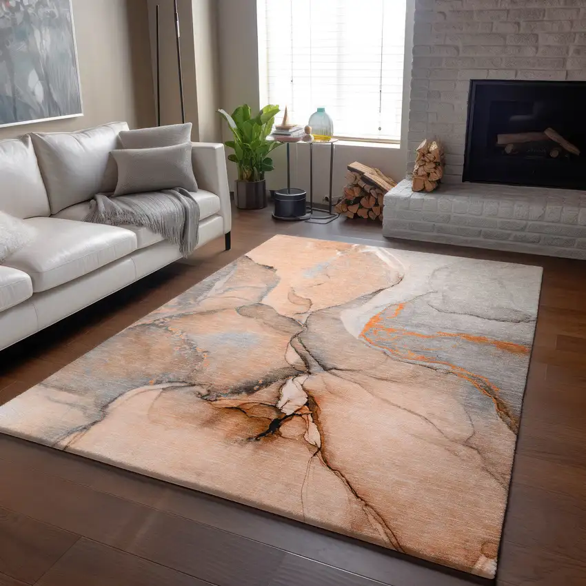 Orange Gray And Ivory Abstract Washable Area Rug With UV Protection Photo 6