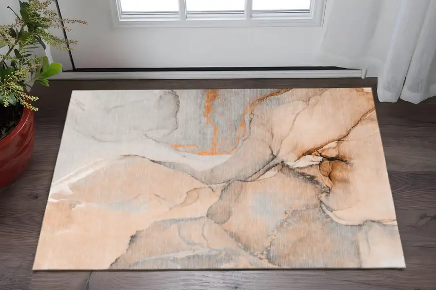 Orange Gray And Ivory Abstract Washable Area Rug With UV Protection Photo 2