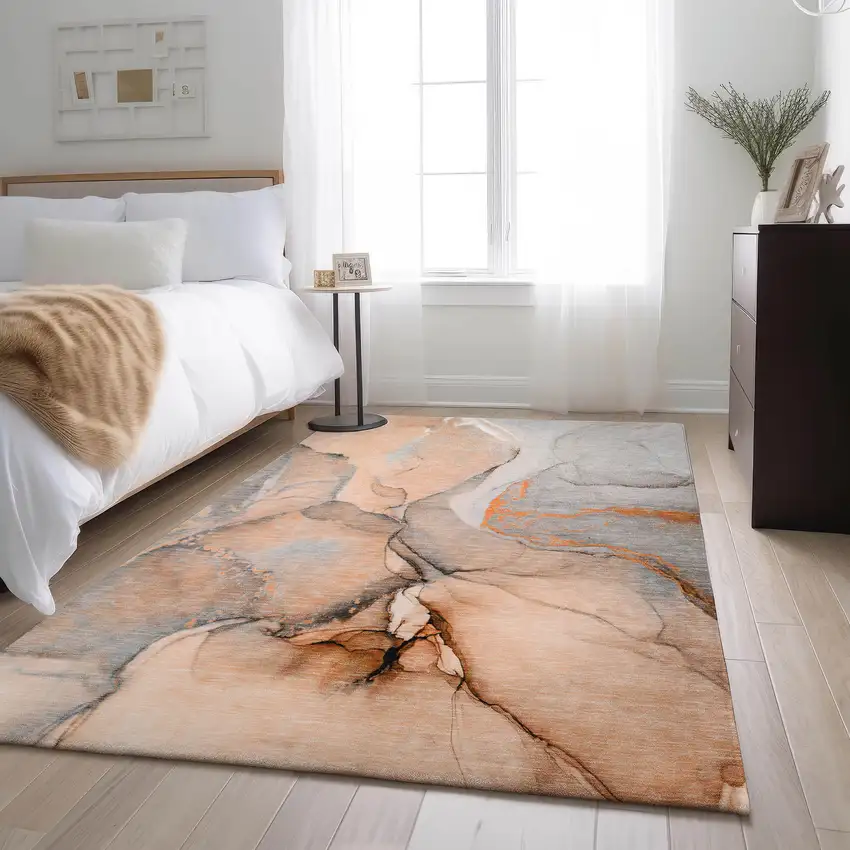 Orange Gray And Ivory Abstract Washable Area Rug With UV Protection Photo 5